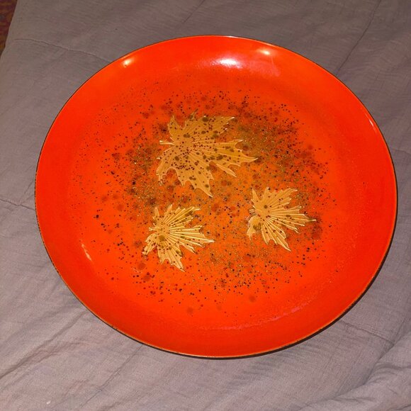 Curtis Jere Vintage MCM Art Bowl Artisan House Enamel Copper Maple Leaf Large - Picture 5 of 10